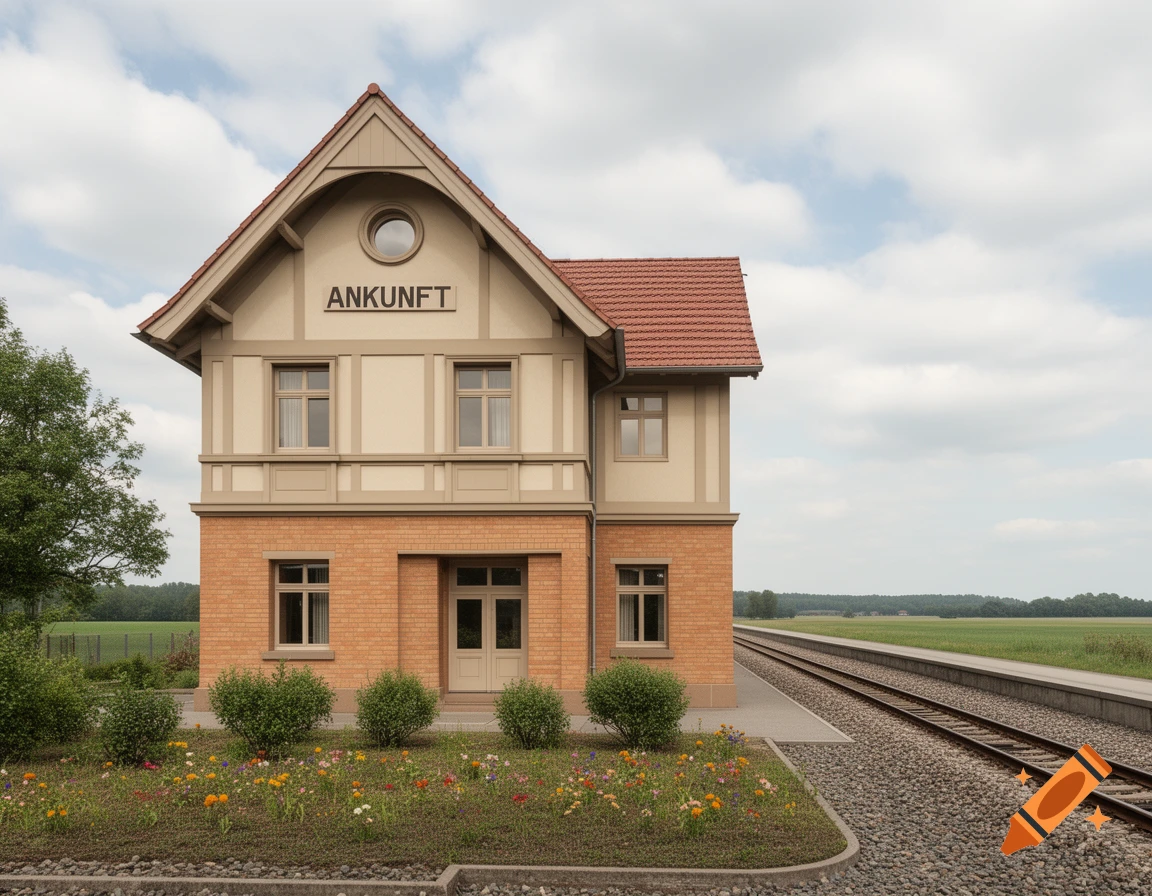 A photorealistic image of a small, traditional train station building with a red roof and the word "ANKUNFT" on a sign, next to train tracks and a flowery garden under a cloudy sky.
