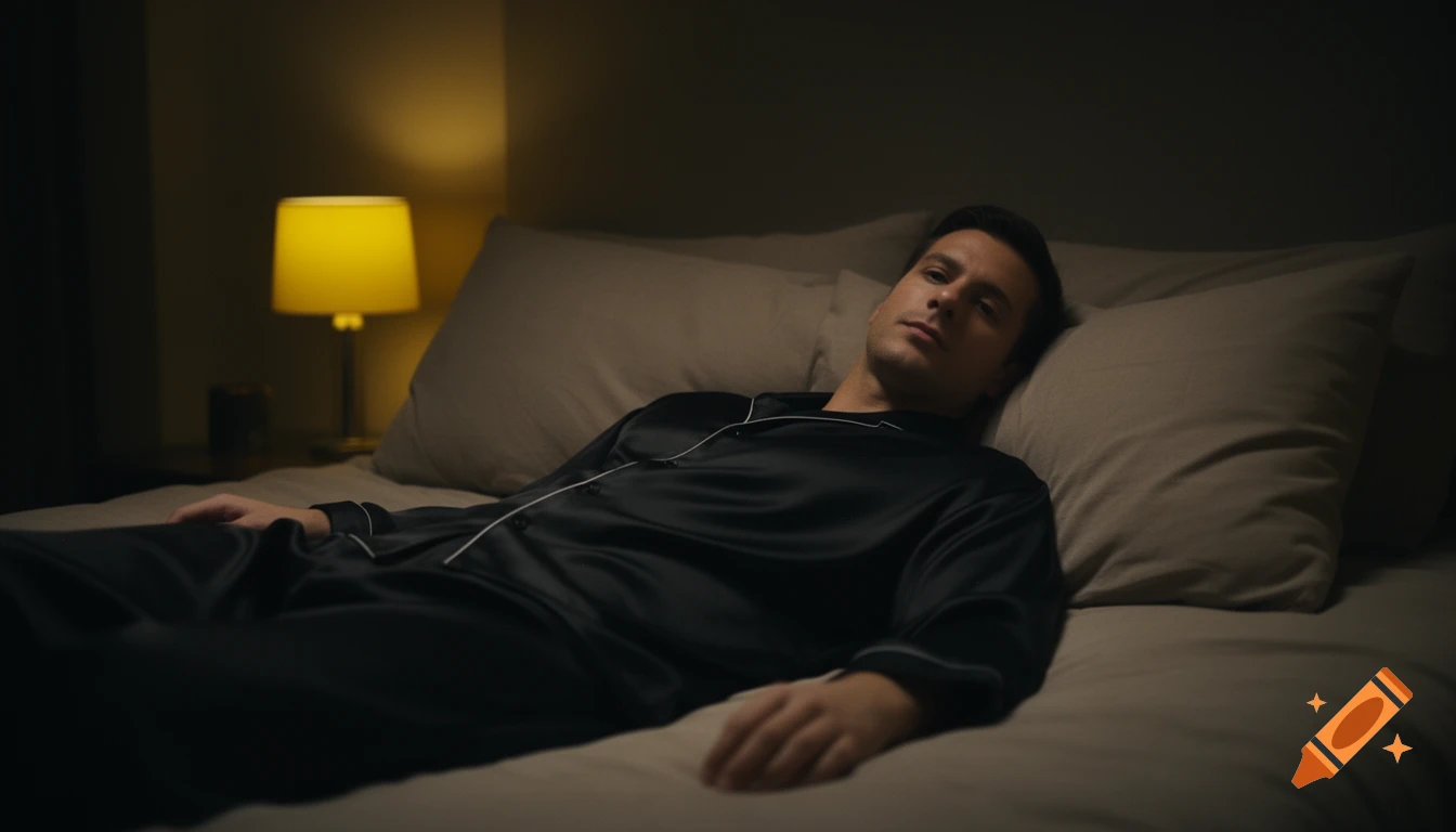 A man in black satin pajamas lies on a bed in a dimly lit bedroom with a warm yellow lamp, in a photorealistic style.