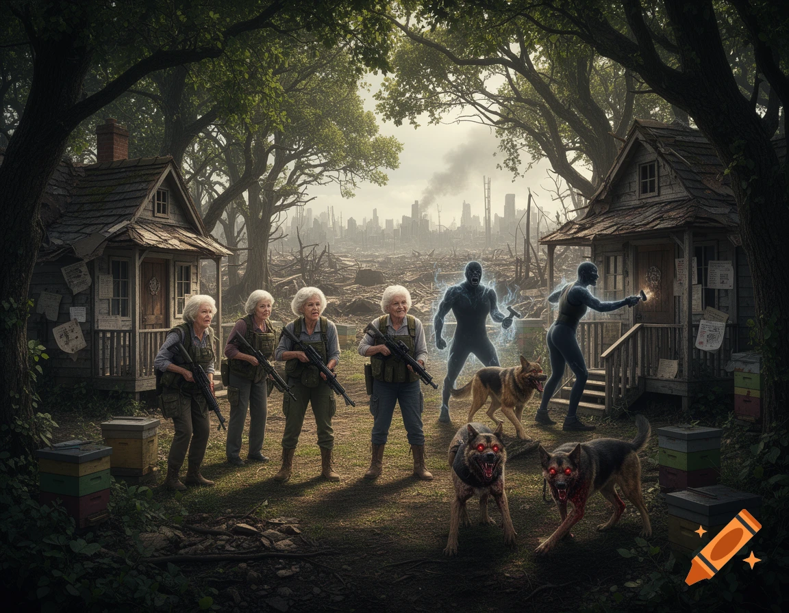Armed elderly women, glowing figures, and rabid dogs with red eyes stand in a post-apocalyptic forest setting with ruined cottages and a city skyline in the background.