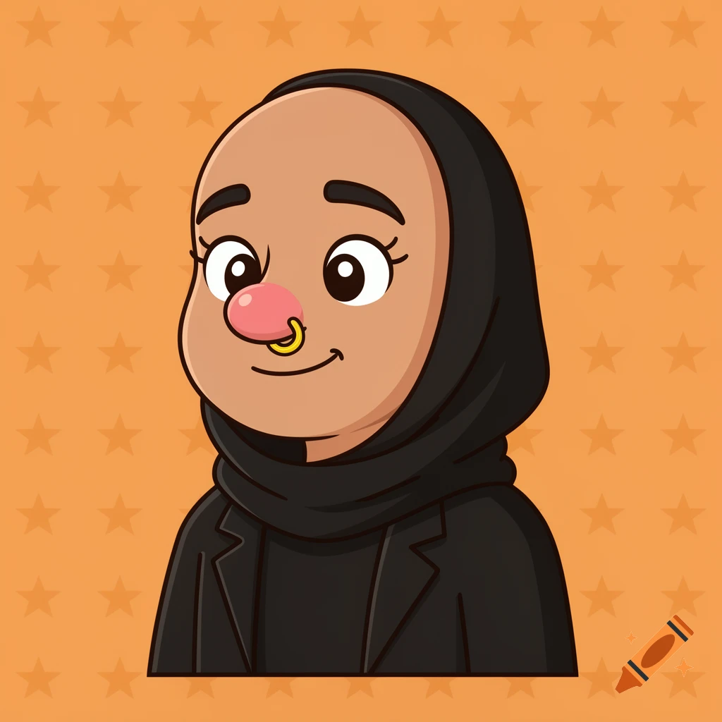 A cartoon portrait of a person with light brown skin, large eyes, thick eyebrows, a pink nose with a small yellow nose ring, and wearing a black hijab and black jacket, against an orange background with stars.