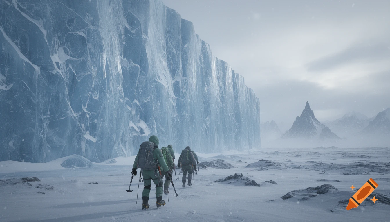 Back view of mountaineers walking towards a massive ice wall in a snowy, desolate landscape with distant mountains.