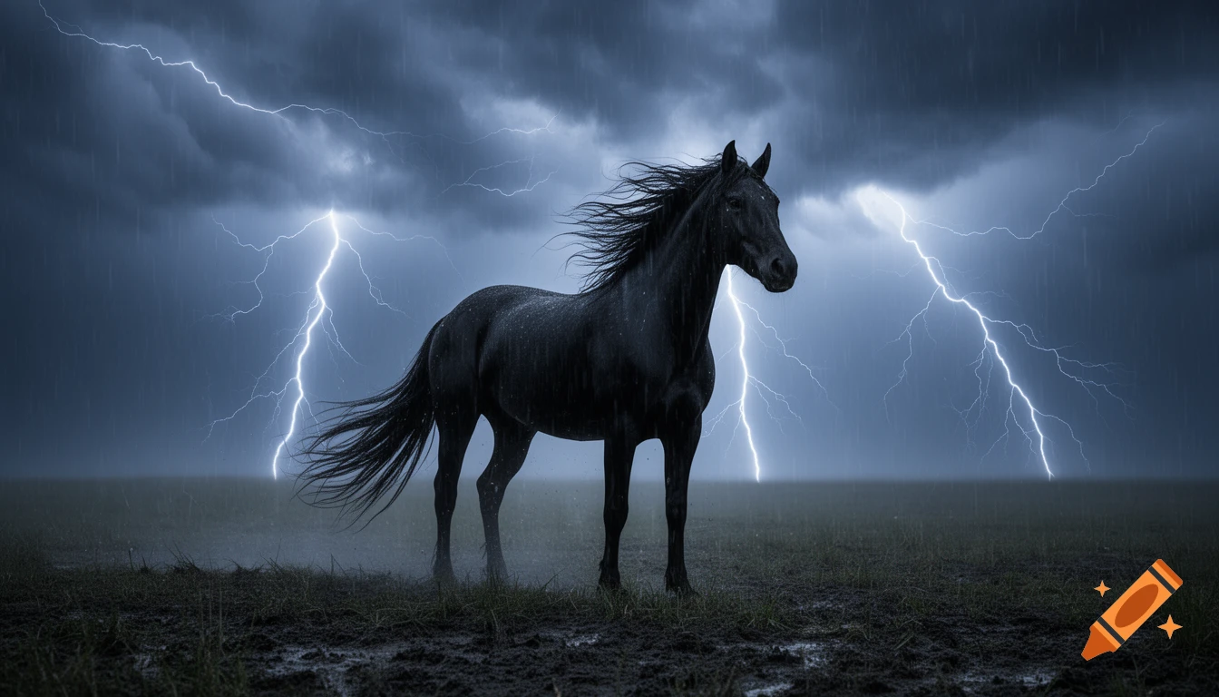 A photorealistic black horse stands in a stormy field under a dark sky with lightning and rain.