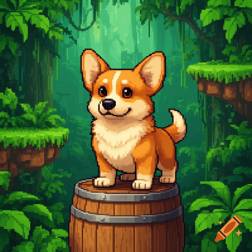 A cute pixel art corgi stands on a wooden barrel in a lush jungle, reminiscent of a Donkey Kong Country sprite.