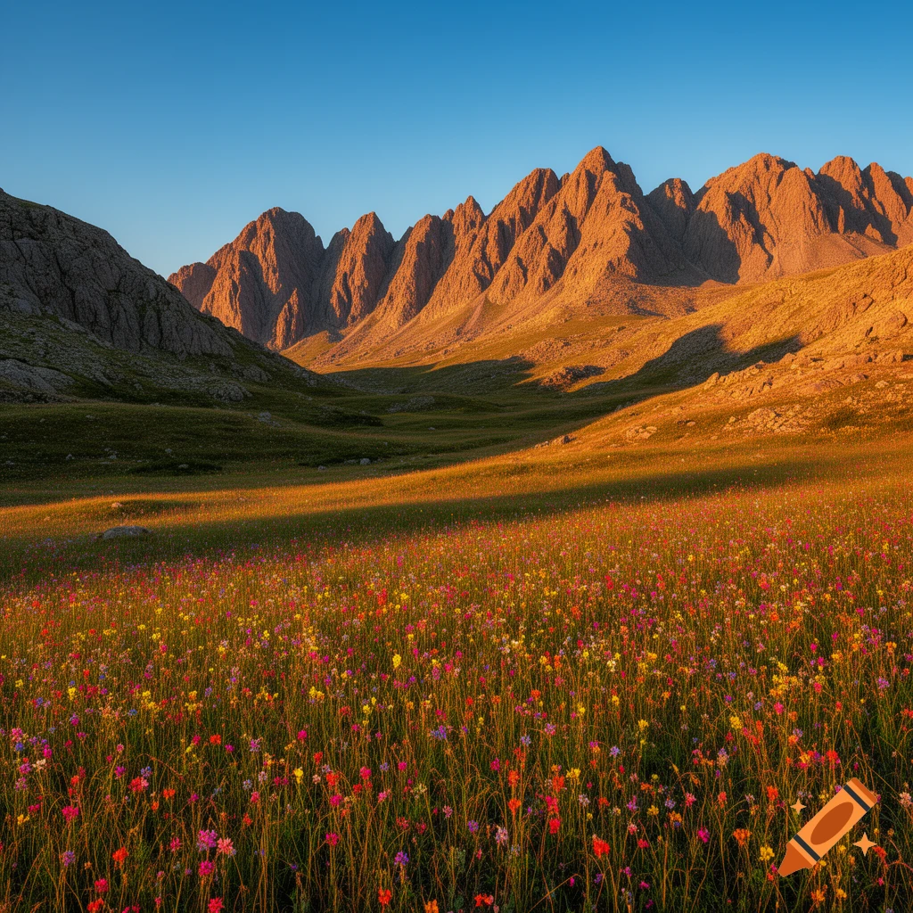 A vibrant field of colorful wildflowers stretches towards sunlit, rugged mountains under a clear blue sky.