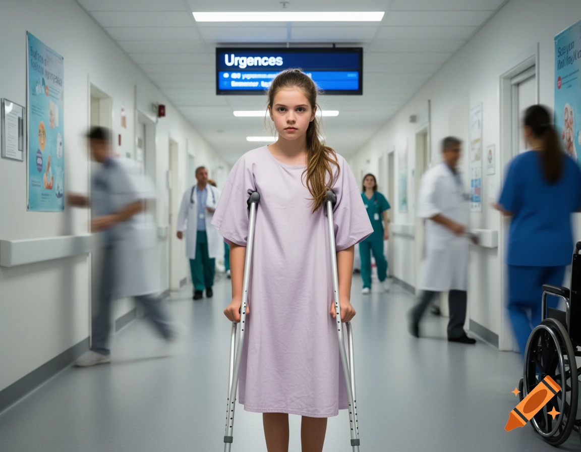 A young girl with crutches and a hospital gown stands in a busy hospital hallway with motion-blurred doctors and nurses.