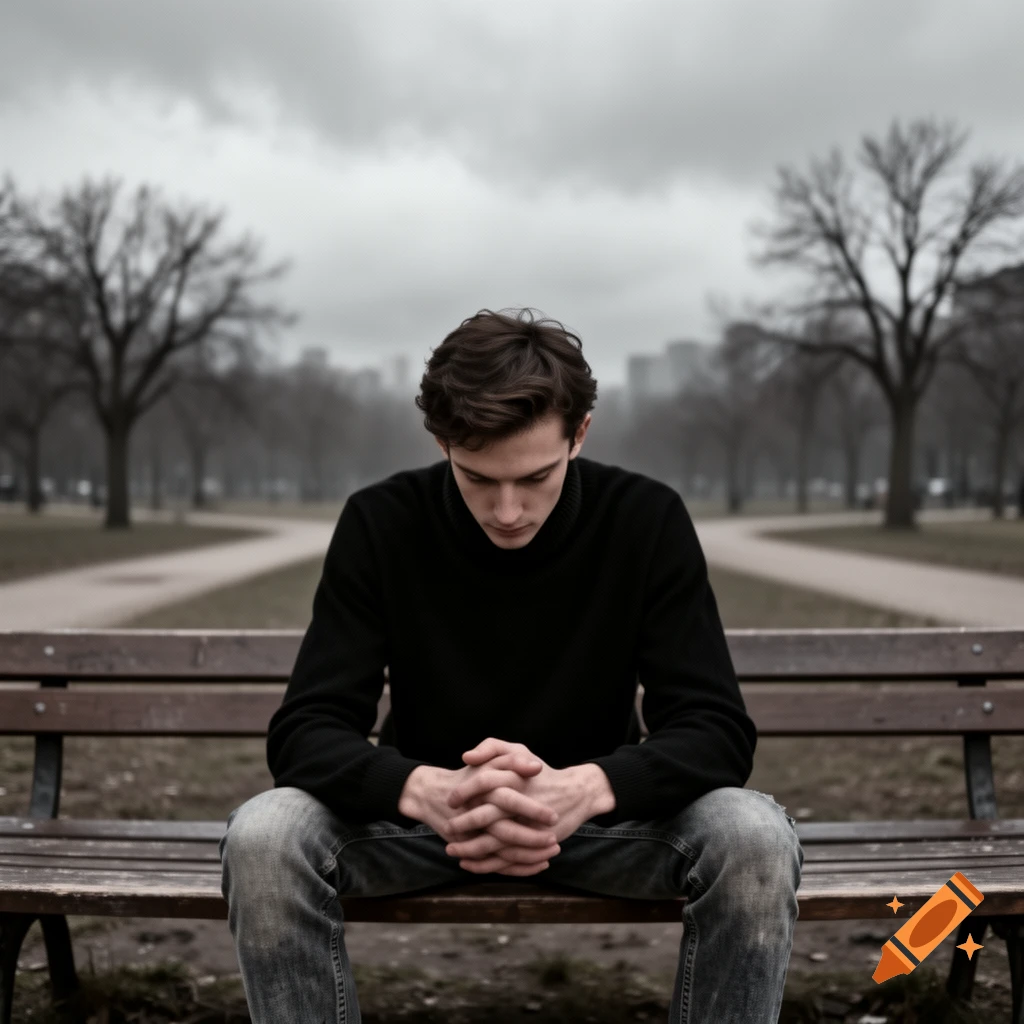 A young man sits on a park bench, looking down with clasped hands, in a gloomy, leafless urban park on an overcast day.