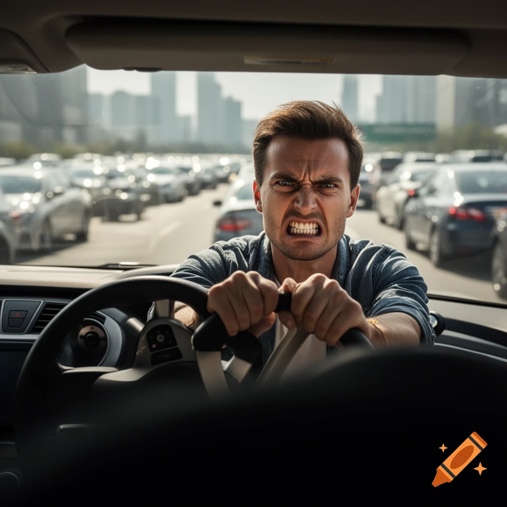 An angry man with gritted teeth tightly grips a steering wheel, frustrated by heavy traffic on a busy city road.