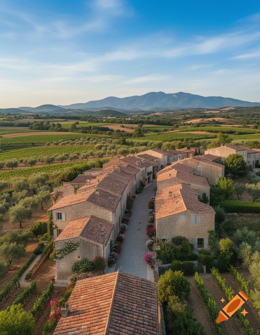 Aerial view of a picturesque stone village with red-tiled roofs nestled among green vineyards and olive groves, with mountains in the distance under a clear blue sky.