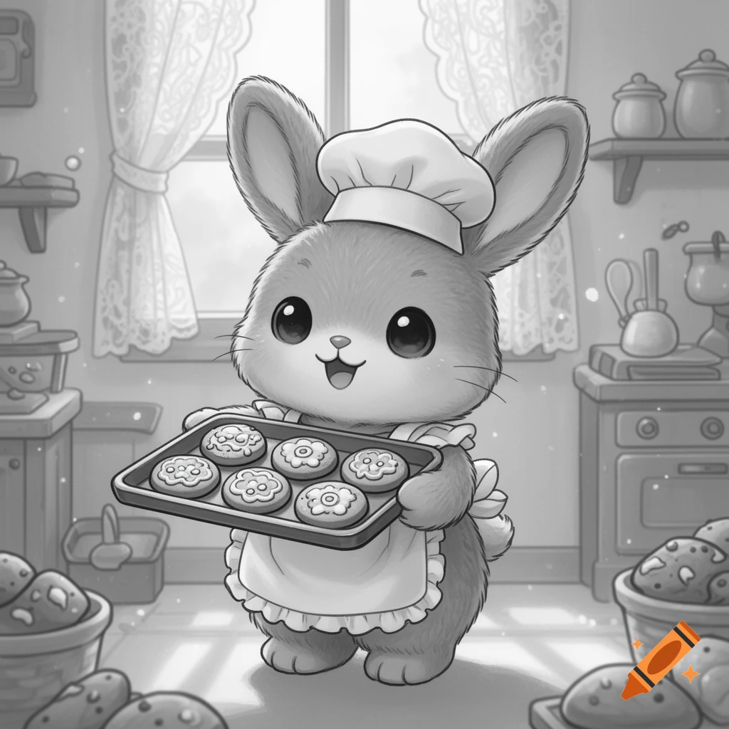A grayscale kawaii cartoon bunny chef wearing an apron and chef hat holds a tray of decorated cookies in a kitchen.