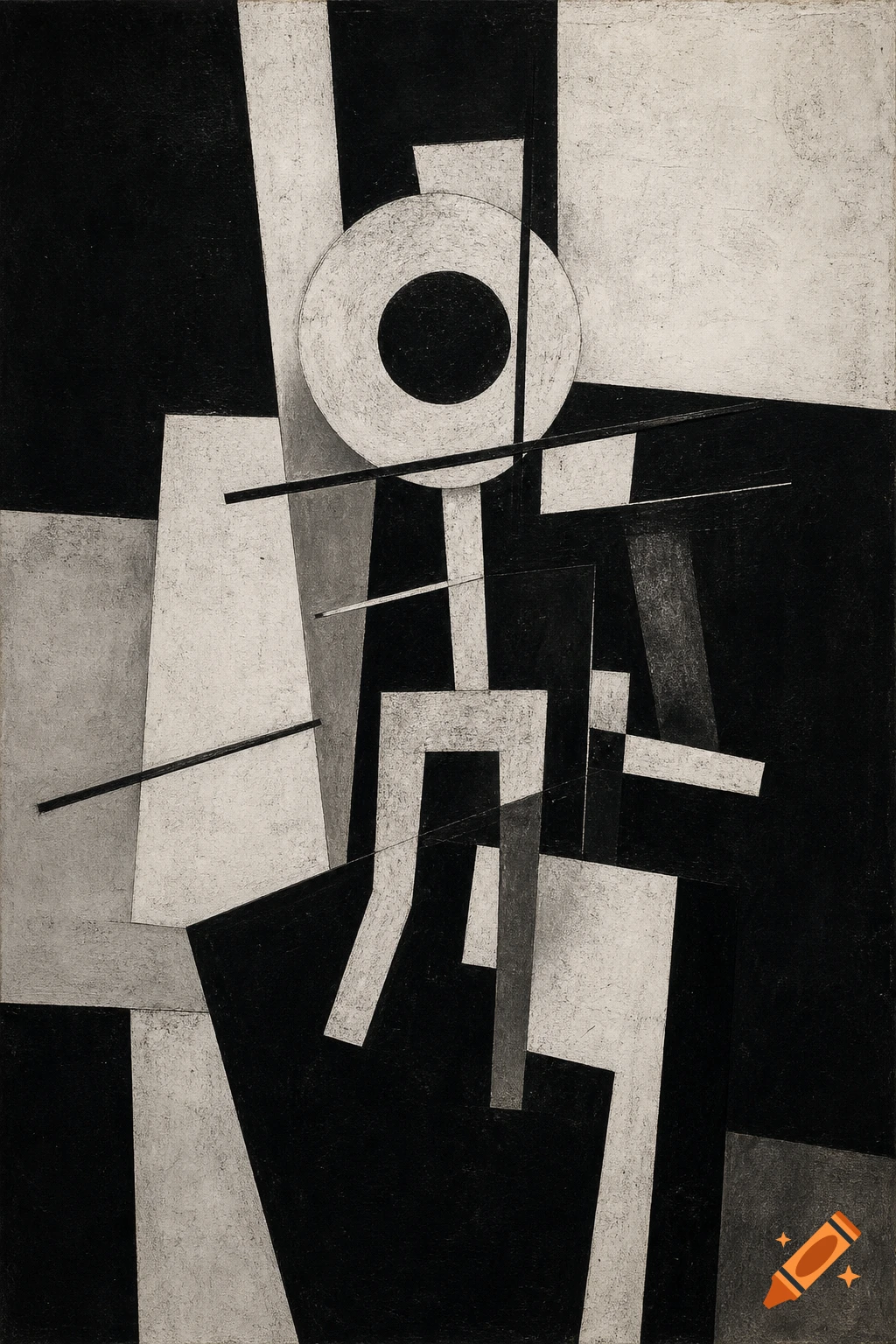 Black and white abstract painting featuring geometric shapes like circles, rectangles, and diagonal lines with a textured, painterly style.