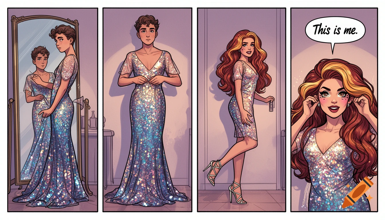 Multi-panel comic shows a person transforming, trying on a sequin gown, wig, and heels, culminating in a confident, smiling woman.