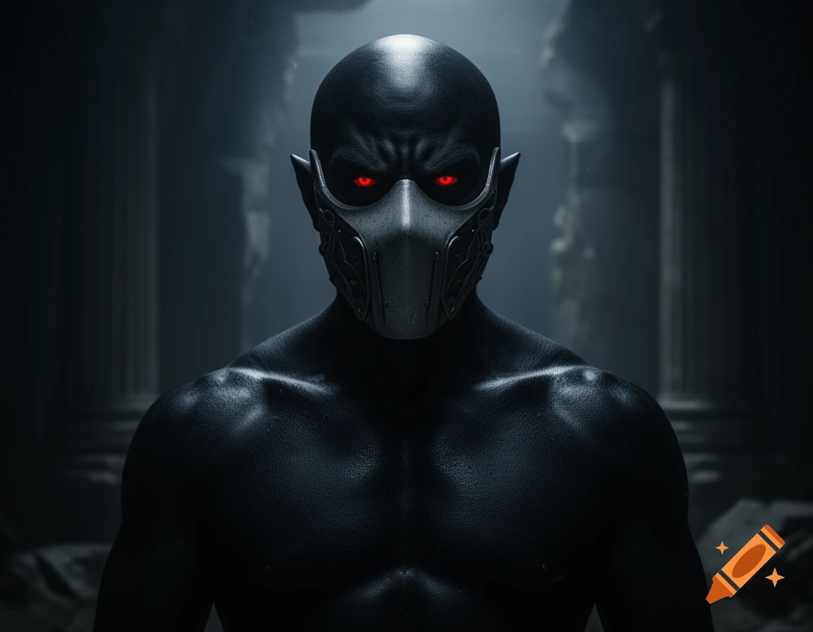 A bald, jet-black skinned oni with a metallic mask and glowing red eyes stands in a dark chamber, photorealistic style.