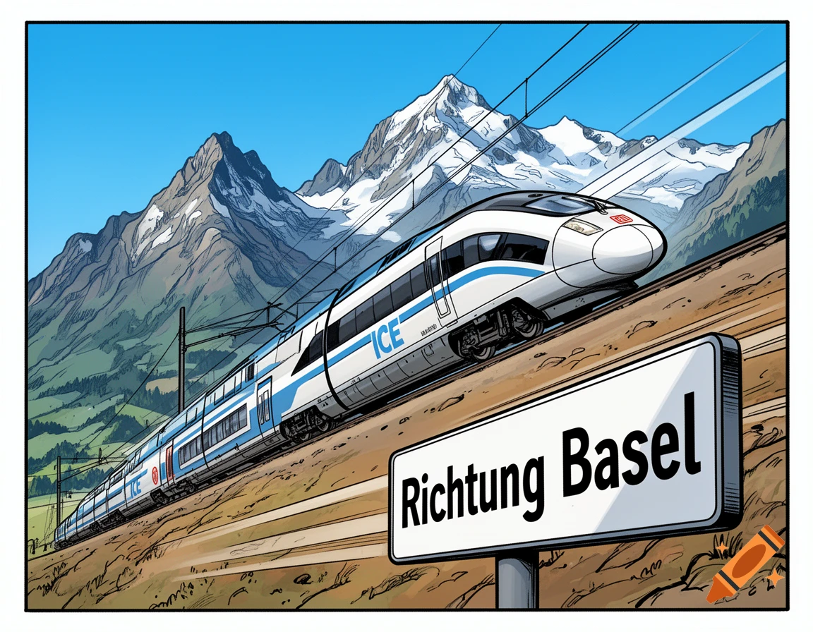 Comic art of a white and blue ICE train speeding through a mountainous landscape with a sign reading 'Richtung Basel'.