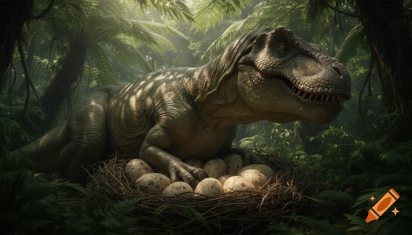 A hyper-realistic Tyrannosaurus Rex rests protectively around a nest of eggs in a lush, sun-dappled prehistoric jungle.