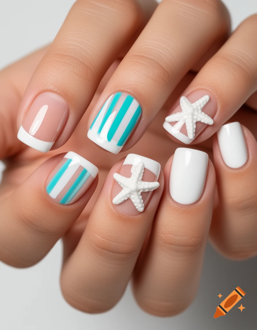 Close-up of a hand with summer-themed nail art, including French tips, turquoise stripes, a white starfish, and solid white nails.