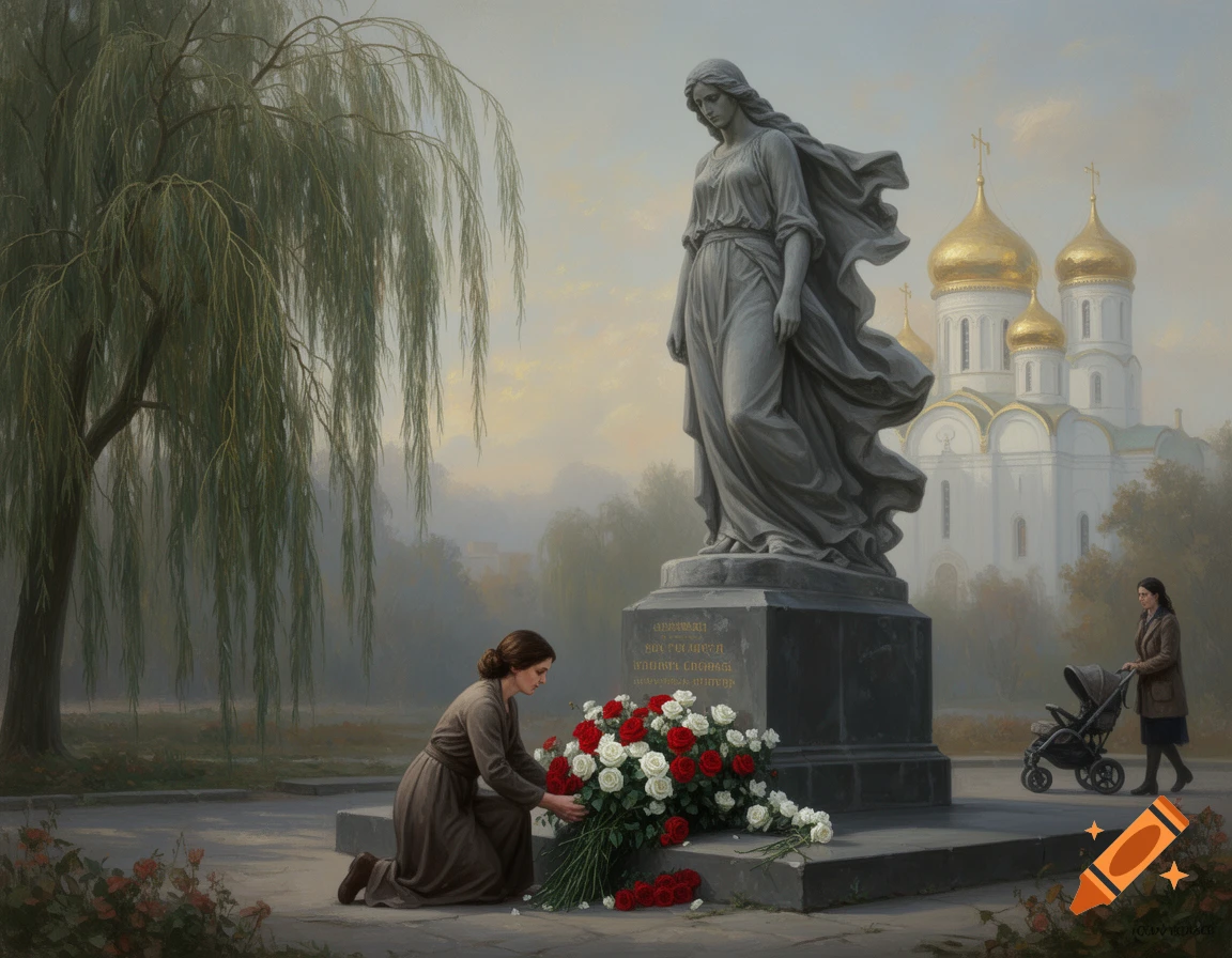 A woman kneels placing flowers at the base of a large stone statue of a woman, with a weeping willow and golden-domed church in the background, in a painted style.