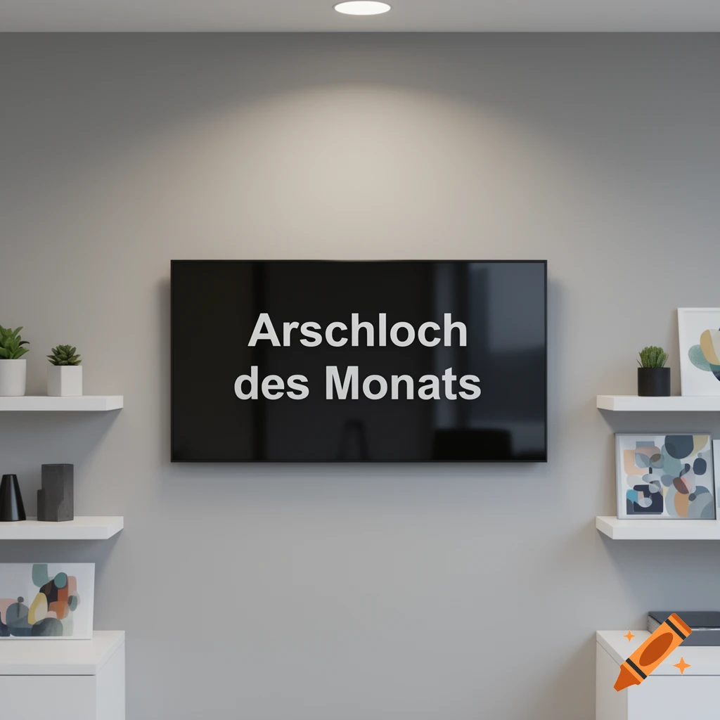 Modern living room with a TV displaying 'Arschloch des Monats' on a light gray wall, flanked by white shelves with plants and art.