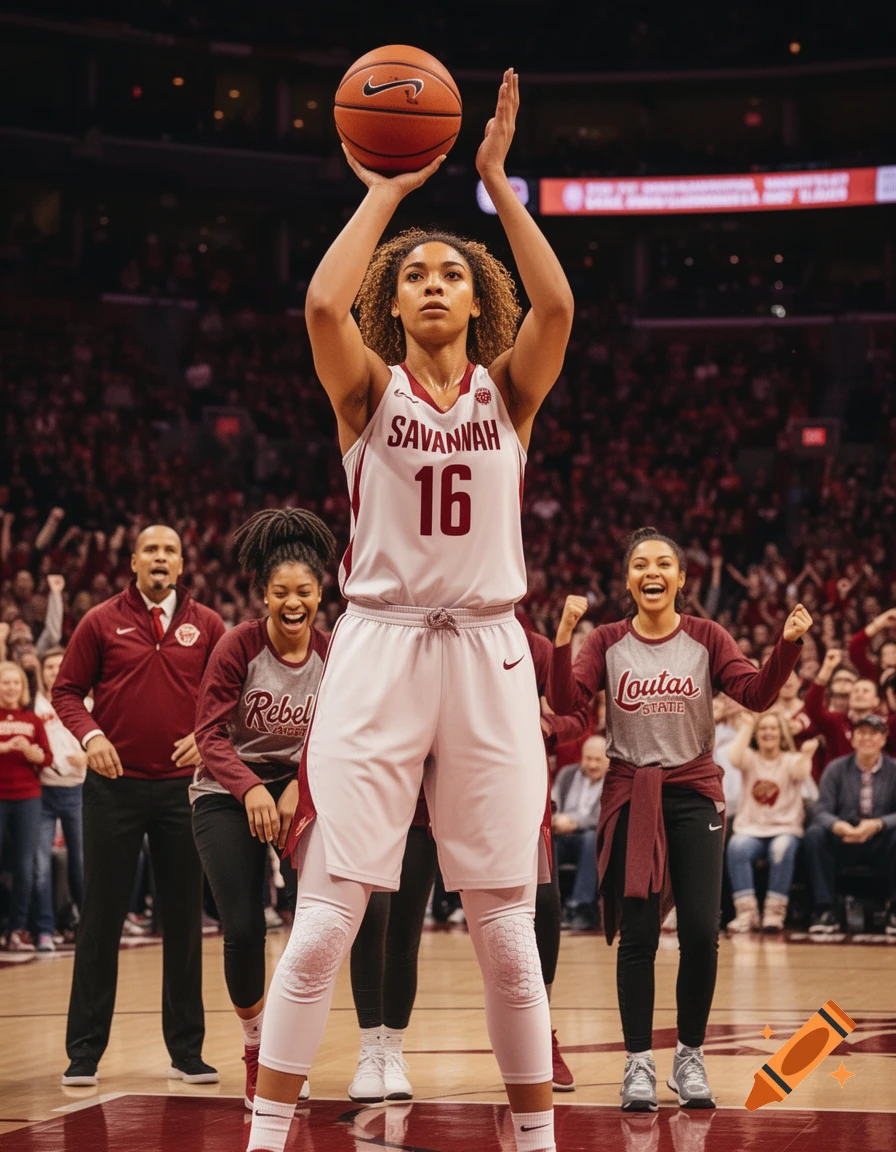 A female basketball player in a white jersey shoots a basketball on a court, with teammates cheering in a crowded stadium.