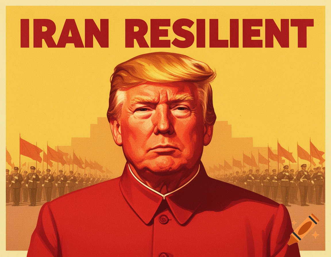 Maoist-style propaganda poster featuring Donald Trump in a red uniform, with 'IRAN RESILIENT' text and soldiers in the background.