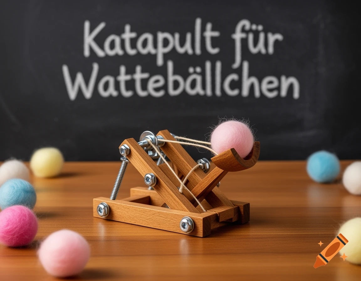 A small wooden catapult with a pink felt ball, surrounded by colorful felt balls on a wooden table, against a blackboard with text.