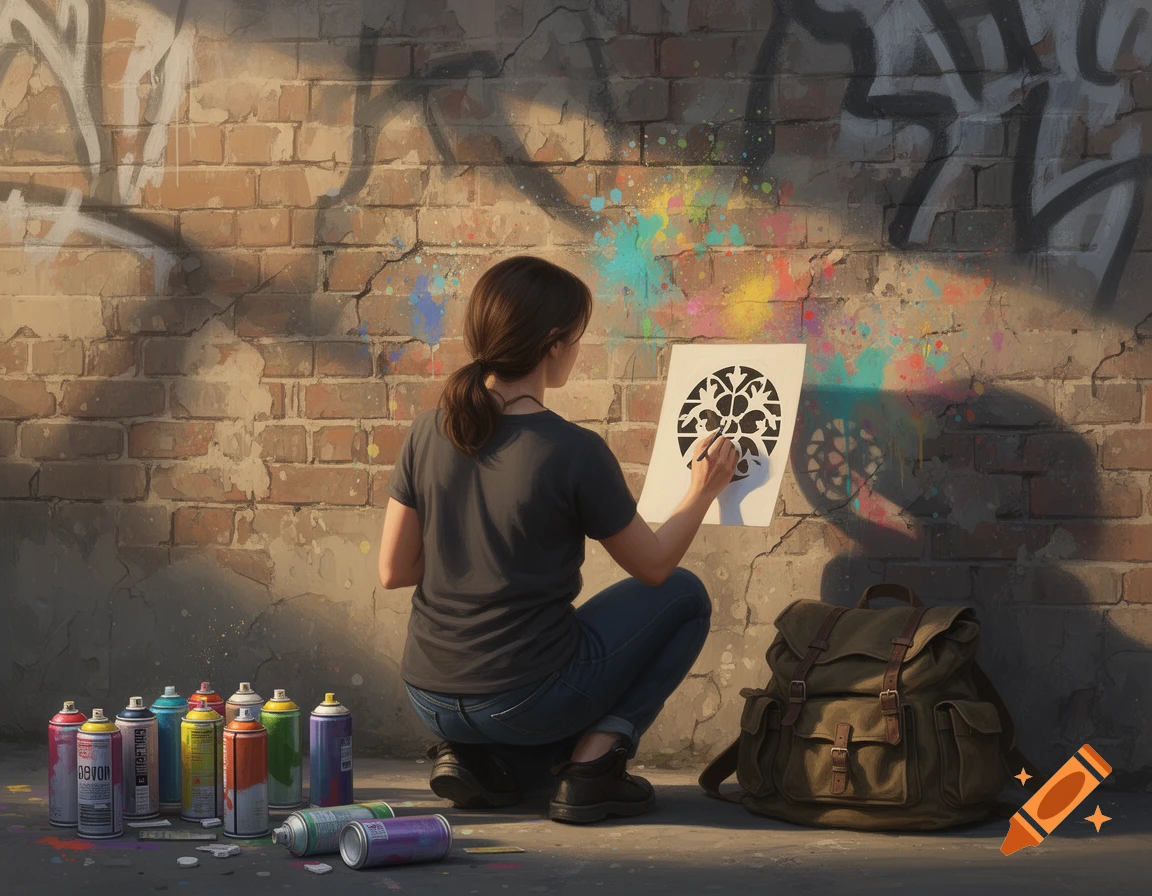 A woman crouches and spray paints a decorative stencil onto a brick wall with old graffiti, surrounded by colorful spray cans and a backpack.