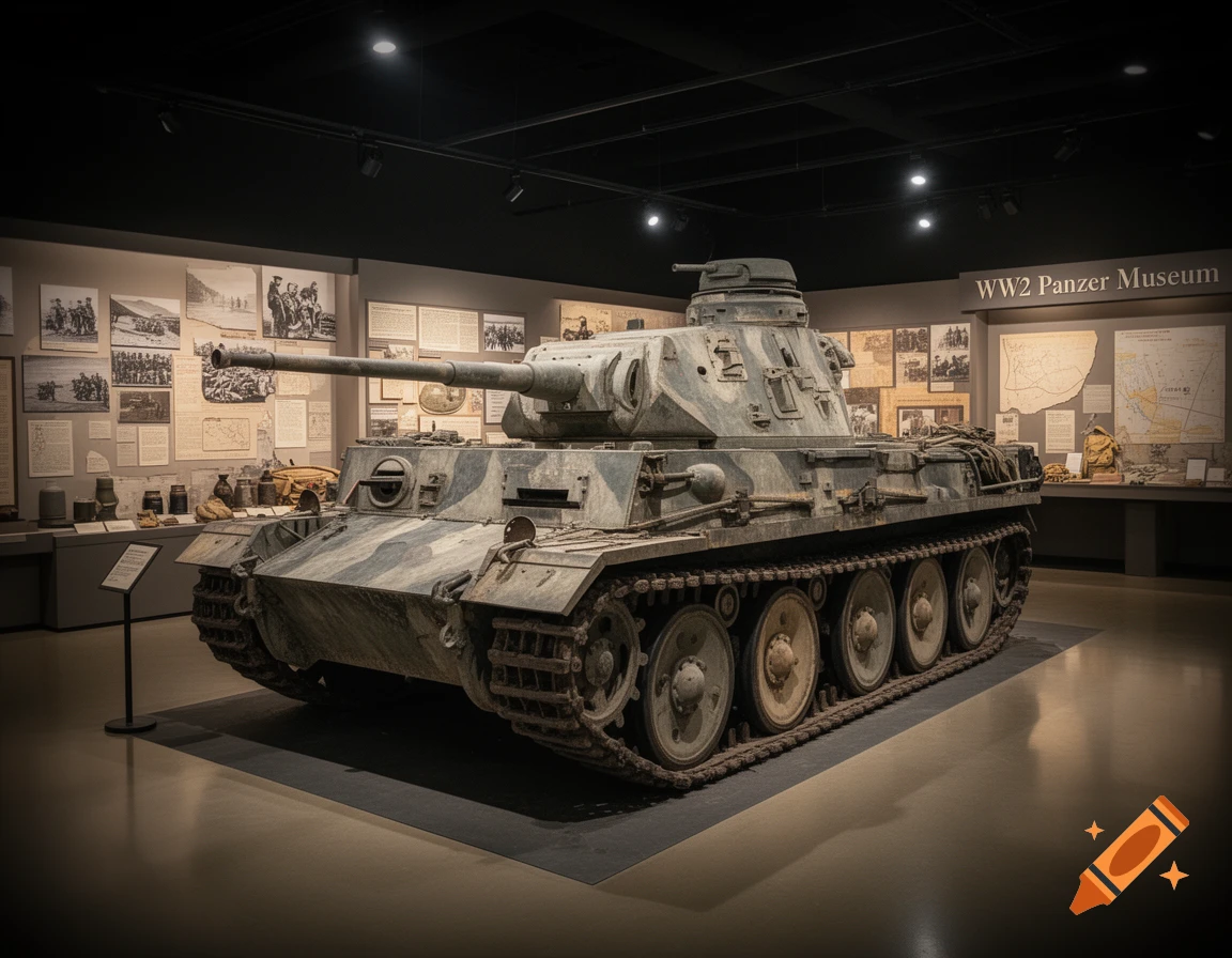 Photorealistic image of a World War 2 Panzer tank displayed in a museum exhibit with historical documents on the walls.