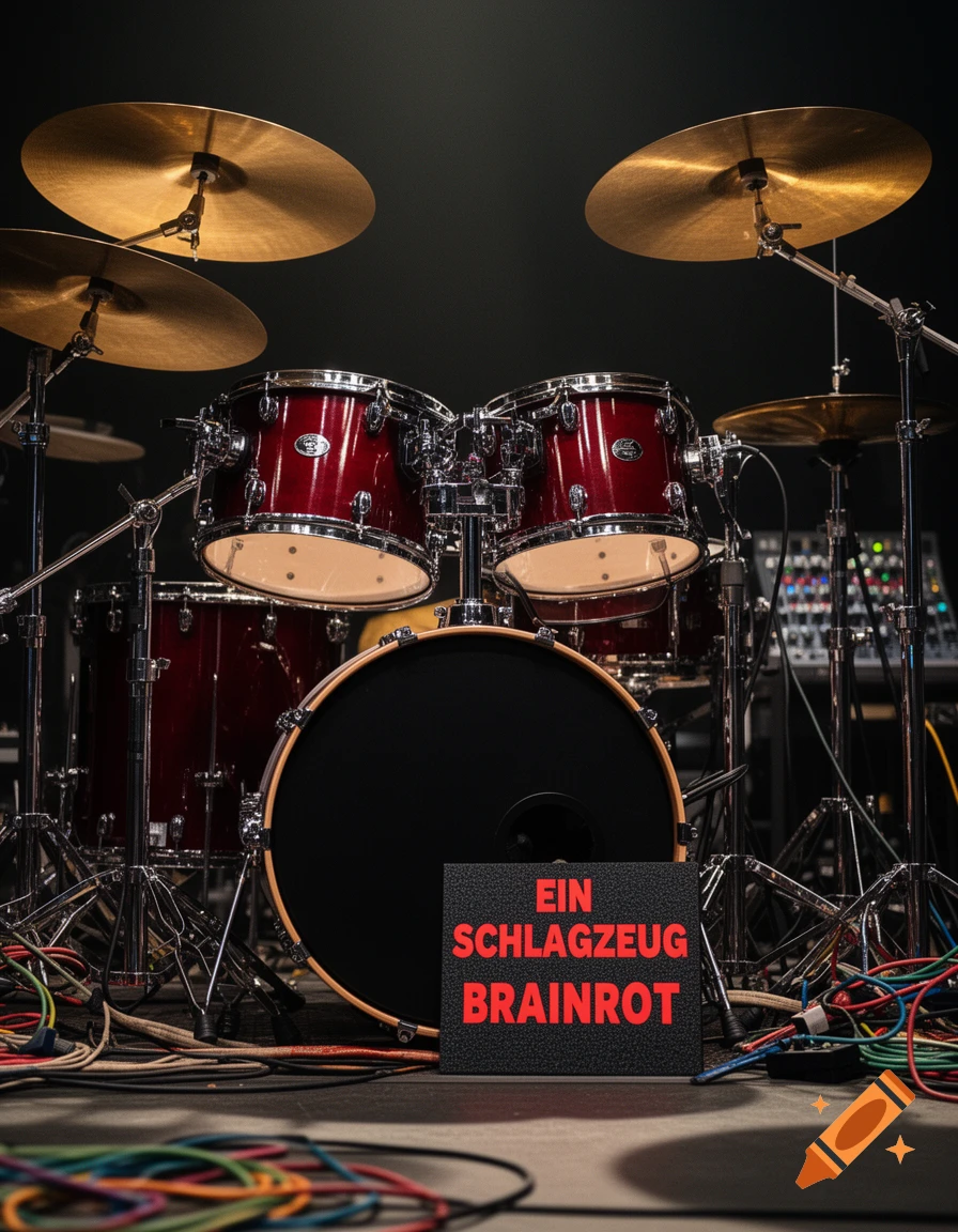 A red drum kit with cymbals and a sign reading 'EIN SCHLAGZEUG BRAINROT' on the floor. Colorful cables are in the foreground.