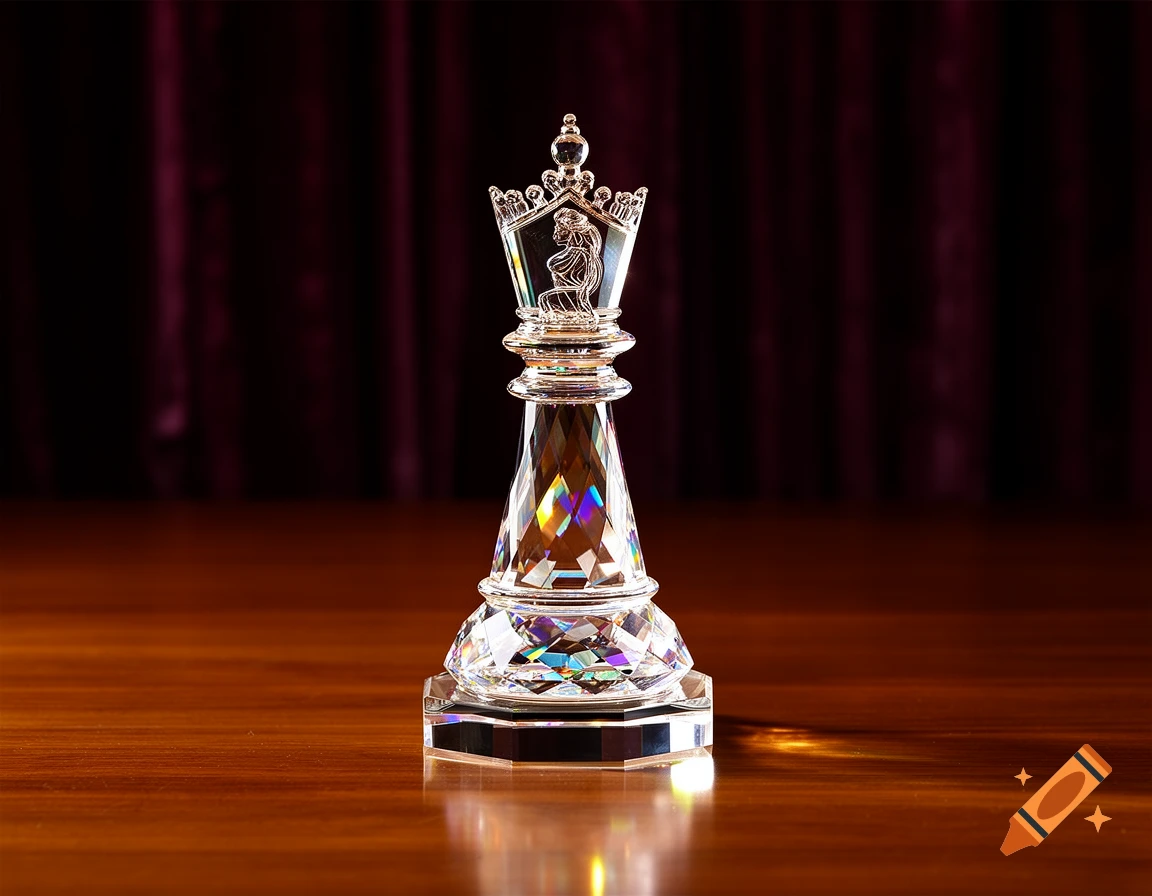 A shimmering crystal chess king piece with rainbow refractions sits on a polished wooden table against a dark, blurred background.