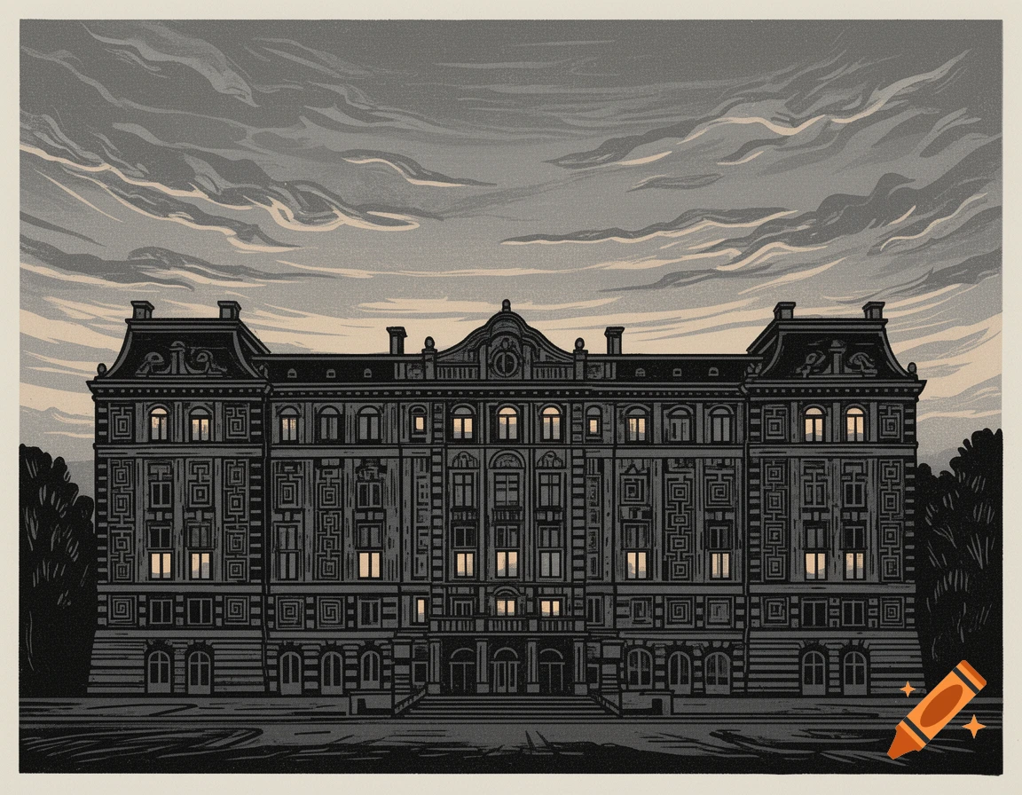 A grand, ornate building depicted in a linocut style, with illuminated windows under a cloudy, twilight sky.