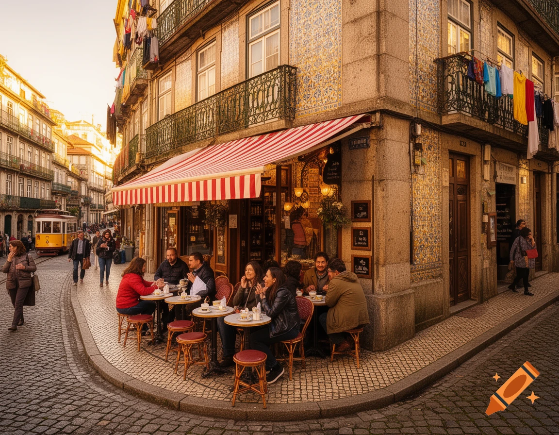 A vibrant street scene in Porto, Portugal, with people dining at an outdoor cafe, a yellow tram, and historic tiled buildings.