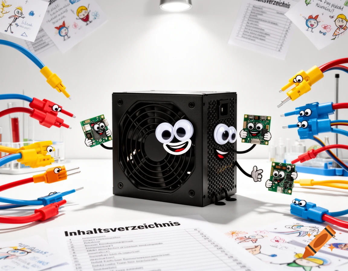 A whimsical anthropomorphic power supply unit with googly eyes holds smiling circuit boards, surrounded by colorful cables with eyes. A 'Table of Contents' document is on the desk.