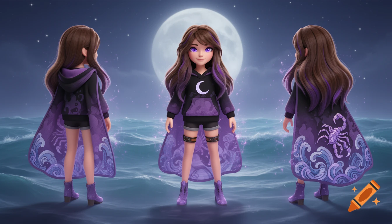 A 3D character in a black and purple hoodie and cape with a crescent moon symbol, standing on a mystic ocean under a full moon, shown from multiple angles.