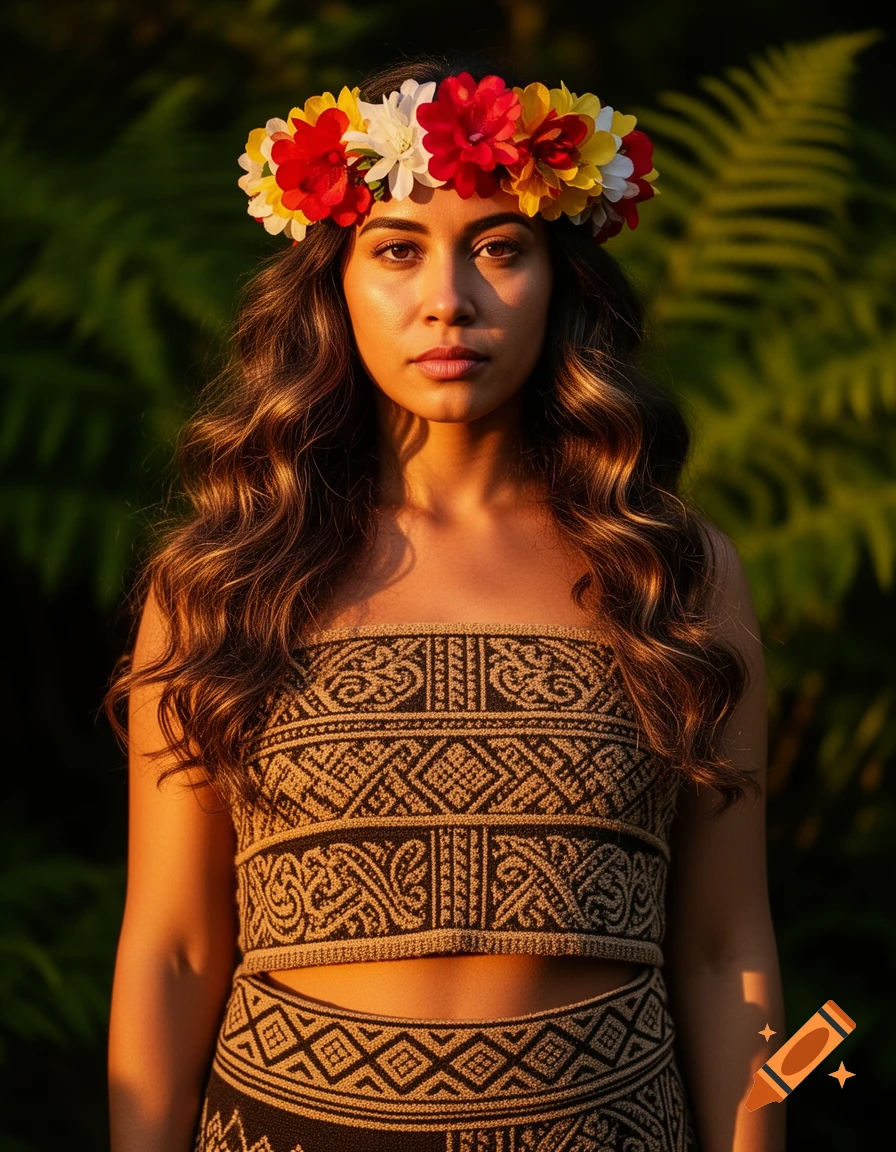 Beautiful woman with a flower headband and patterned woven top and skirt, long wavy hair, in lush green outdoor setting at sunset.