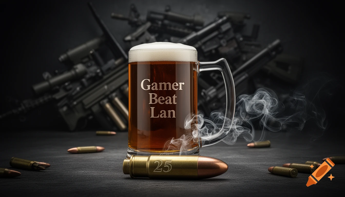 Photorealistic image of a beer mug with 'Gamer Beat Lan' text, a large bullet with '25', and scattered bullets, set against blurred firearms.
