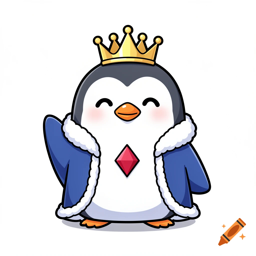 A cute chibi kawaii penguin king wearing a gold crown and a blue royal robe with white fur and a red diamond emblem, with a happy expression.