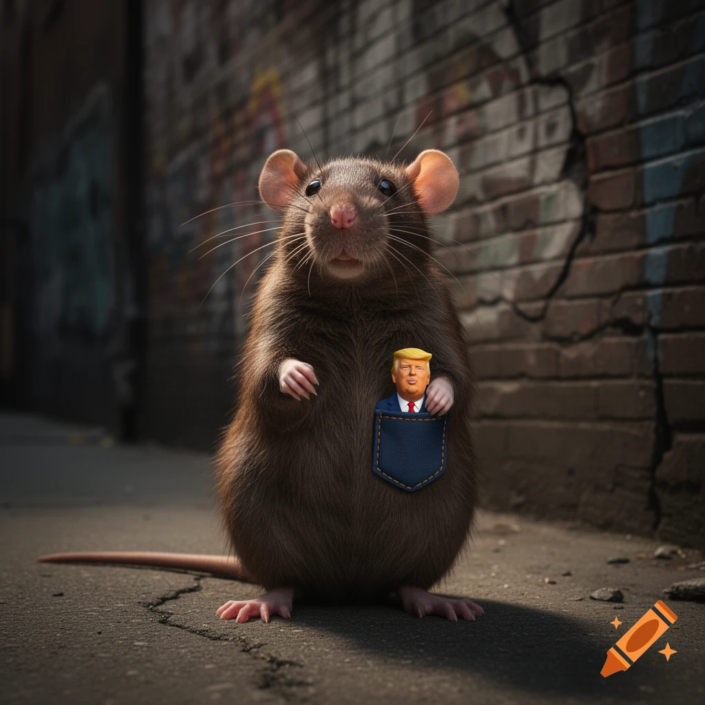 A photorealistic brown rat stands on a street, a small figurine of Donald Trump in a pocket on its chest.