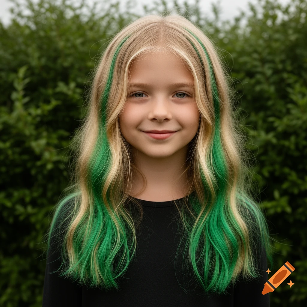 A young girl with blonde hair and vibrant green streaks smiles directly at the viewer, against a leafy green background.
