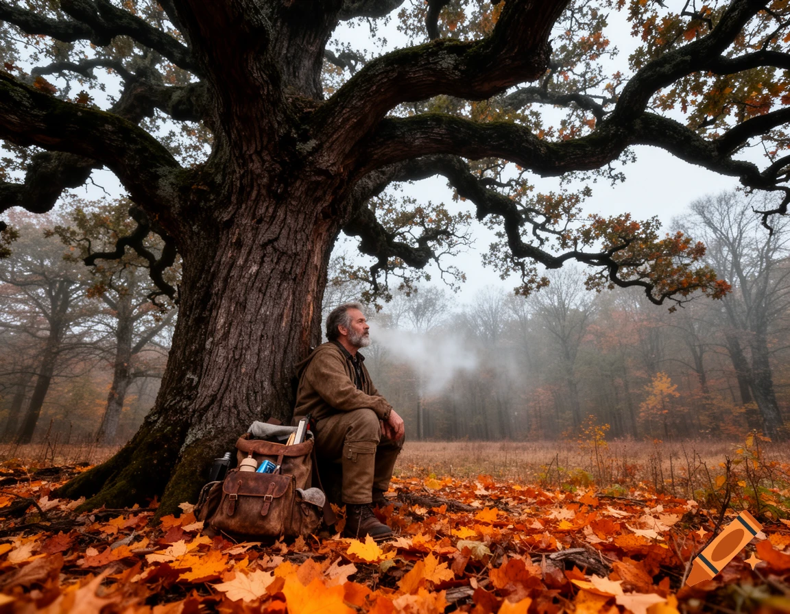 A grizzled man with a beard sits under a large oak tree in an autumn forest, next to a leather backpack on a bed of orange leaves.