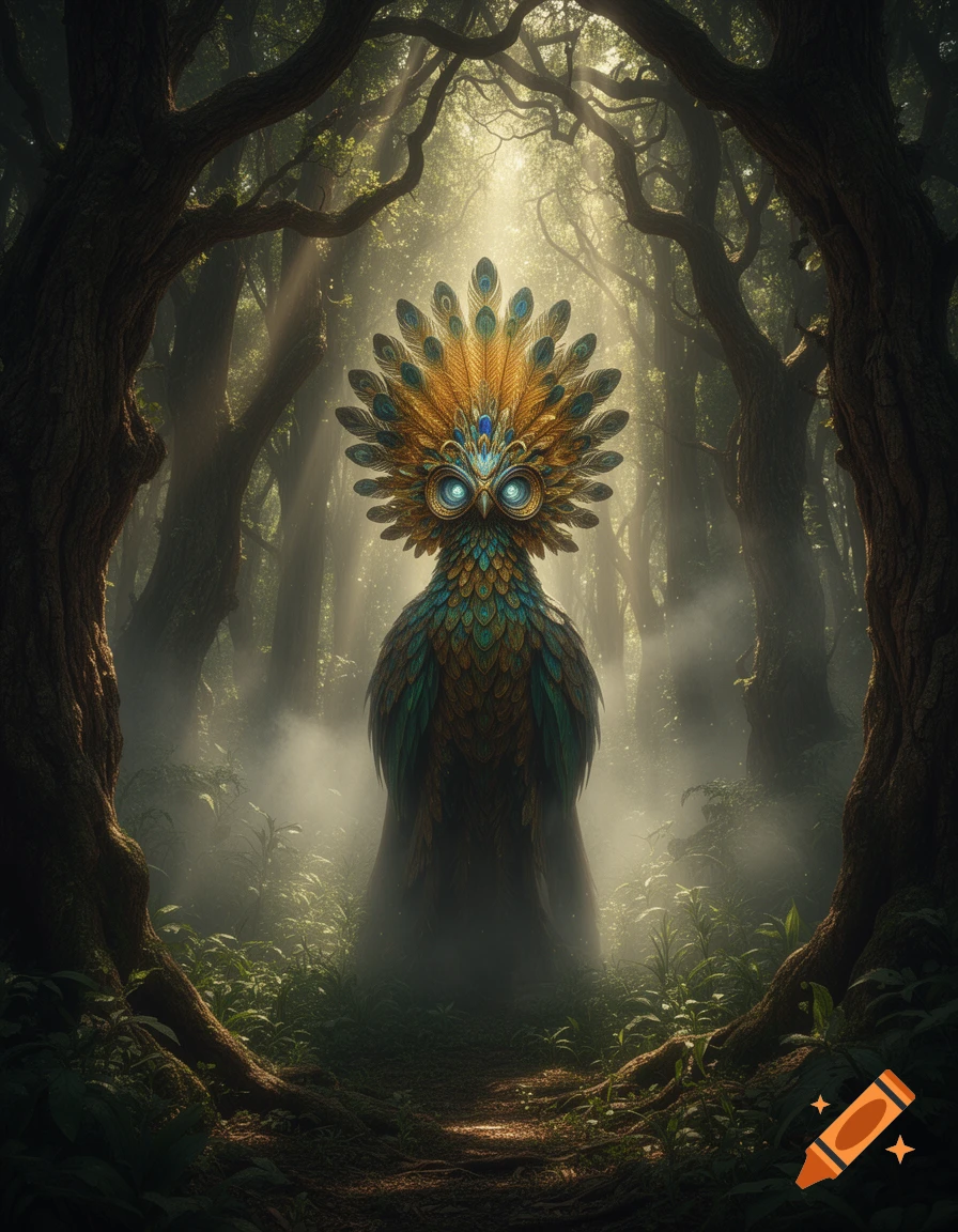 An ornate, owl-like creature with golden and blue feathers and glowing eyes stands in a misty, sunlit forest.