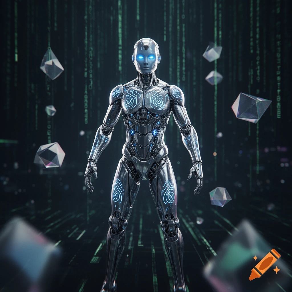 A metallic humanoid robot with glowing blue eyes and intricate blue patterns on its body stands in a digital matrix background with geometric shapes.