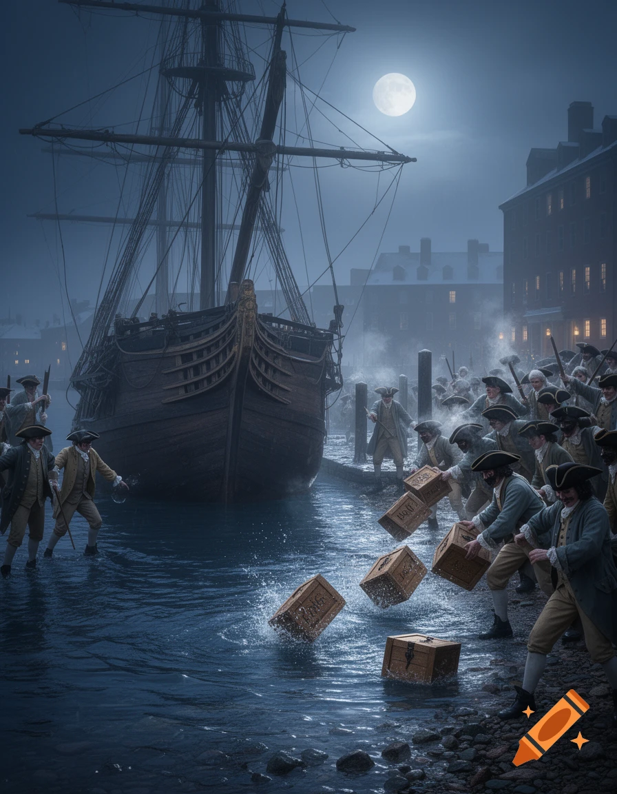 Men in colonial attire throw wooden crates from a large ship into the harbor under a full moon at night.