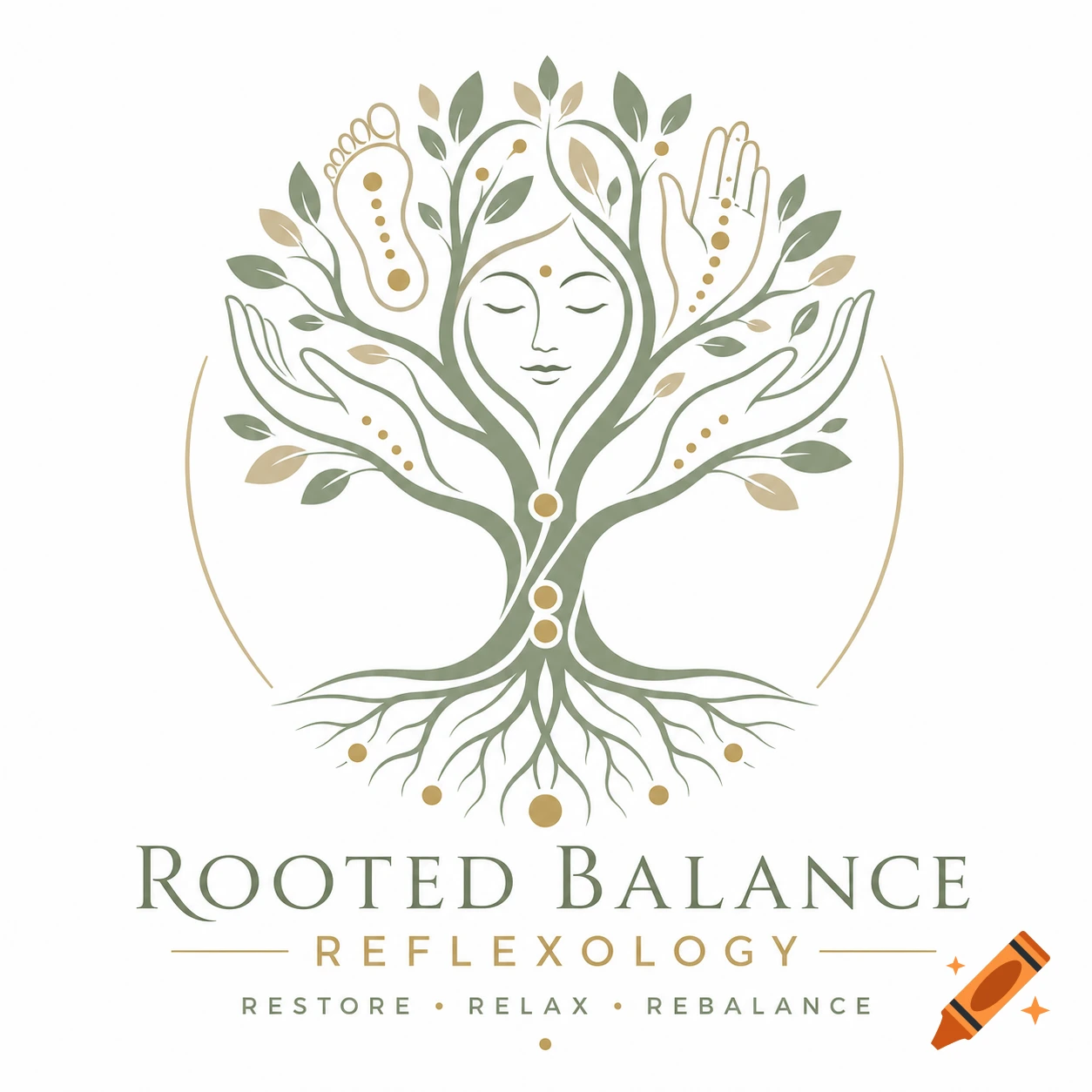 A minimalist logo for Rooted Balance Reflexology with a stylized tree featuring a serene face, hands, and a foot.