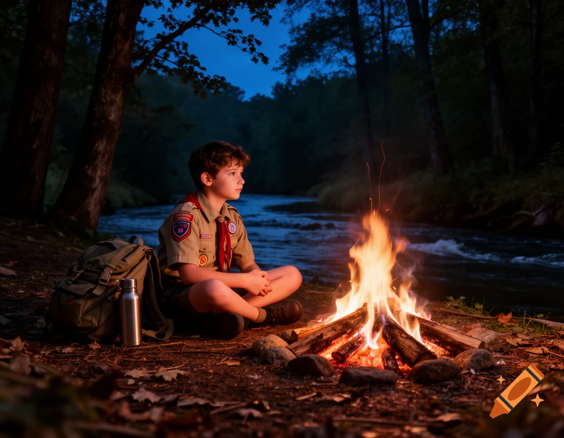 A boy scout sits cross-legged by a crackling campfire at night, next to his backpack and a river in a dark forest.