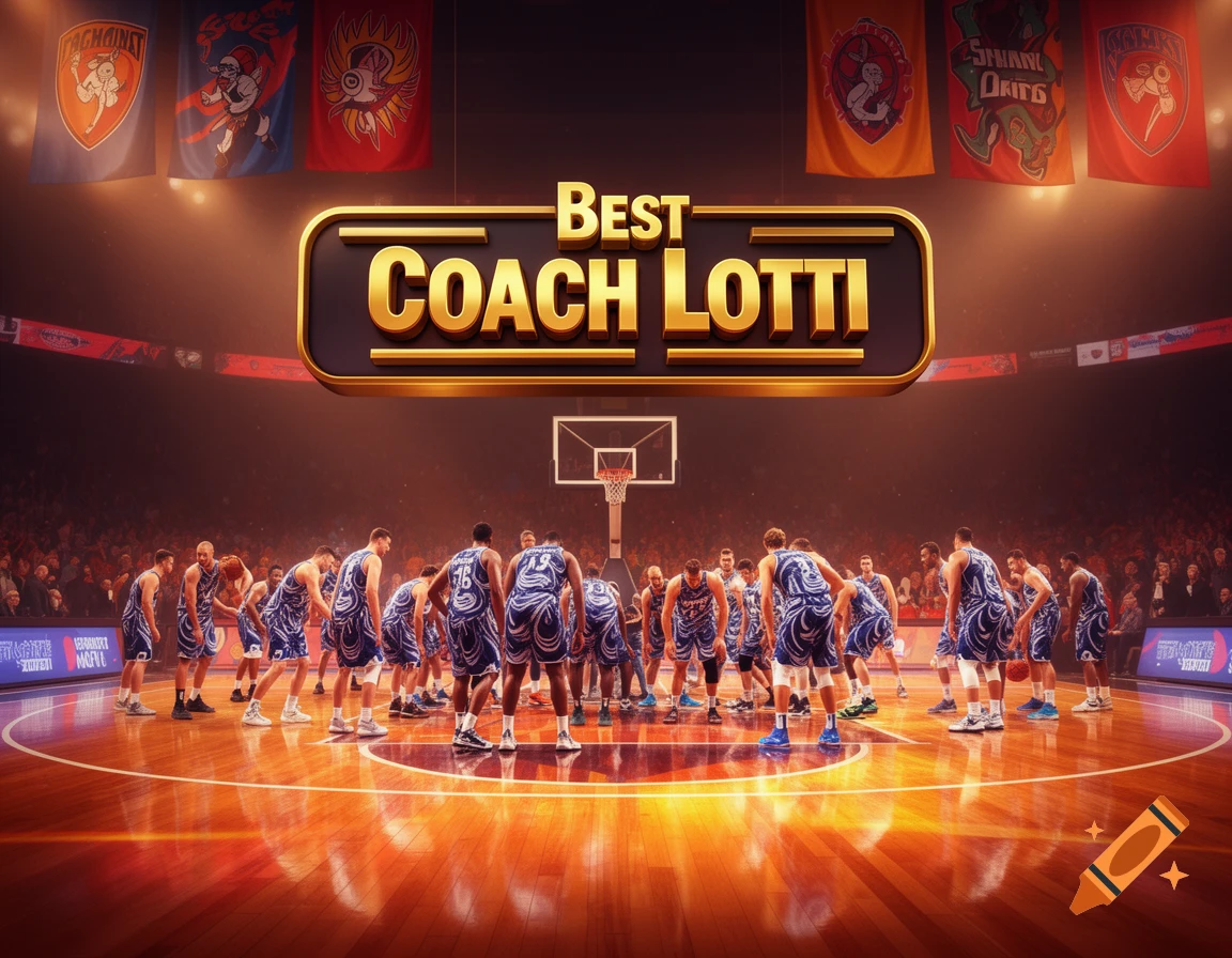 A basketball team huddles on a brightly lit court beneath a large 'BEST COACH LOTTI' banner, surrounded by fans.