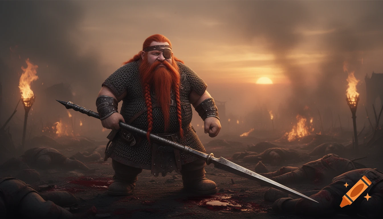 A dwarf warrior with a braided red beard, eyepatch, and chainmail armor holds a spear on a bloody battlefield at sunset.