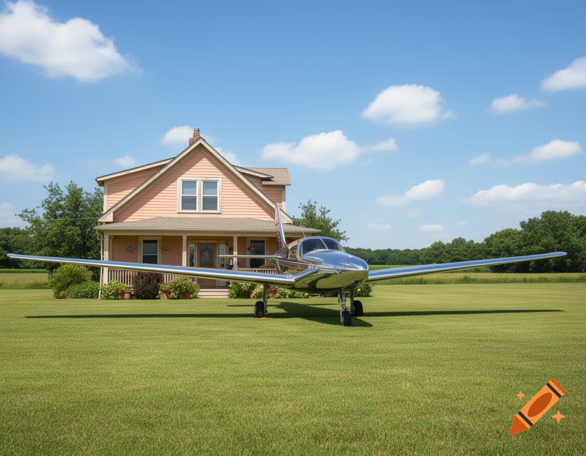 A shiny silver airplane parked on a grassy lawn in front of a peach-colored house under a blue sky.