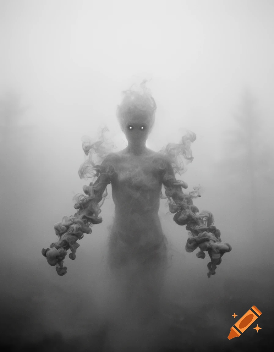 A ghostly humanoid figure made of swirling smoke with glowing white eyes stands in thick fog, framed by faint trees.