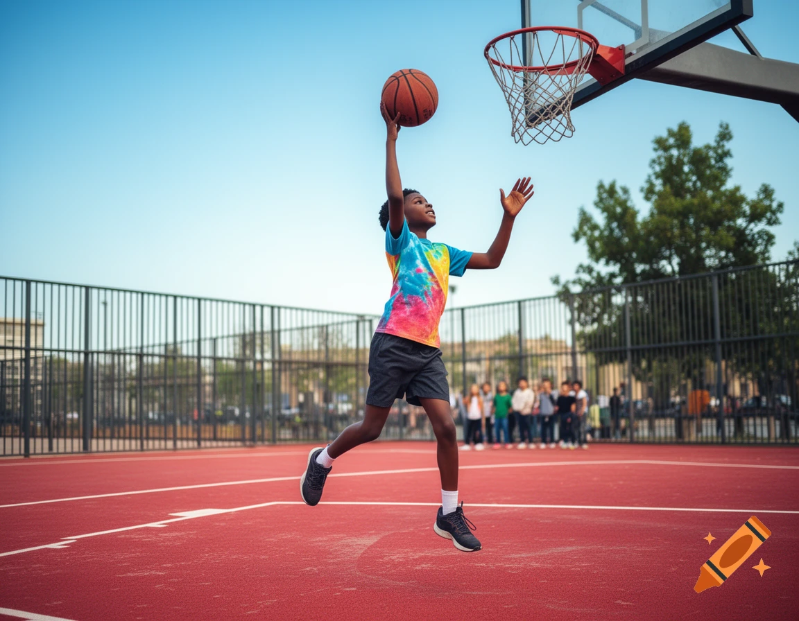 A black boy in a colorful tie-dye shirt jumps to shoot a basketball on an outdoor red court.