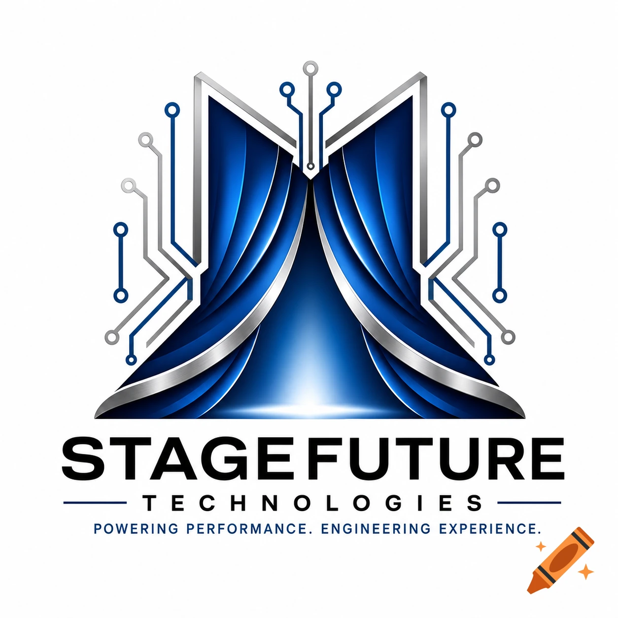 A blue and silver logo with stylized stage curtains, circuit board patterns, and the text 'STAGEFUTURE TECHNOLOGIES'.