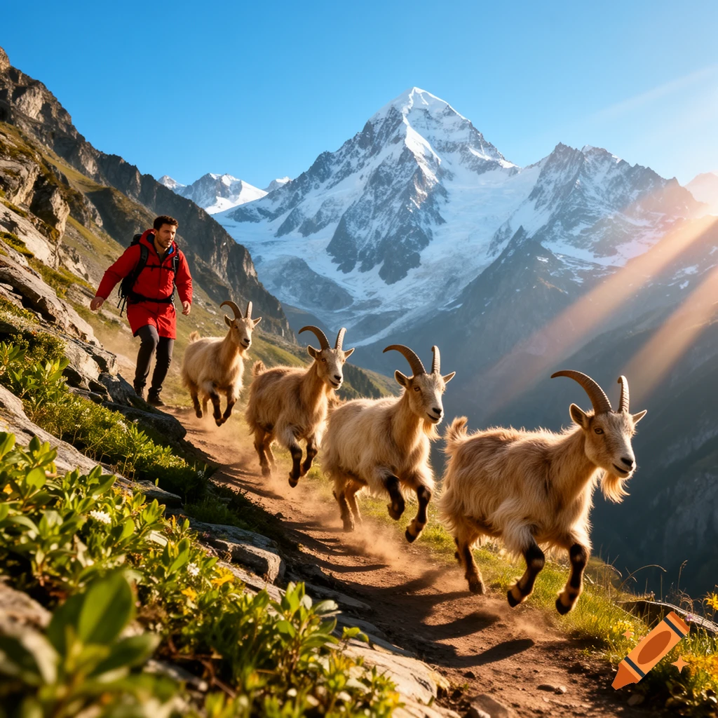 A man in a red jacket runs down a dusty mountain trail, followed by four goats, with a towering snow-capped mountain under a clear blue sky.